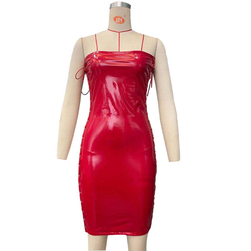 Eedele wet look lace up dress in vibrant red with adjustable straps for a stylish fit