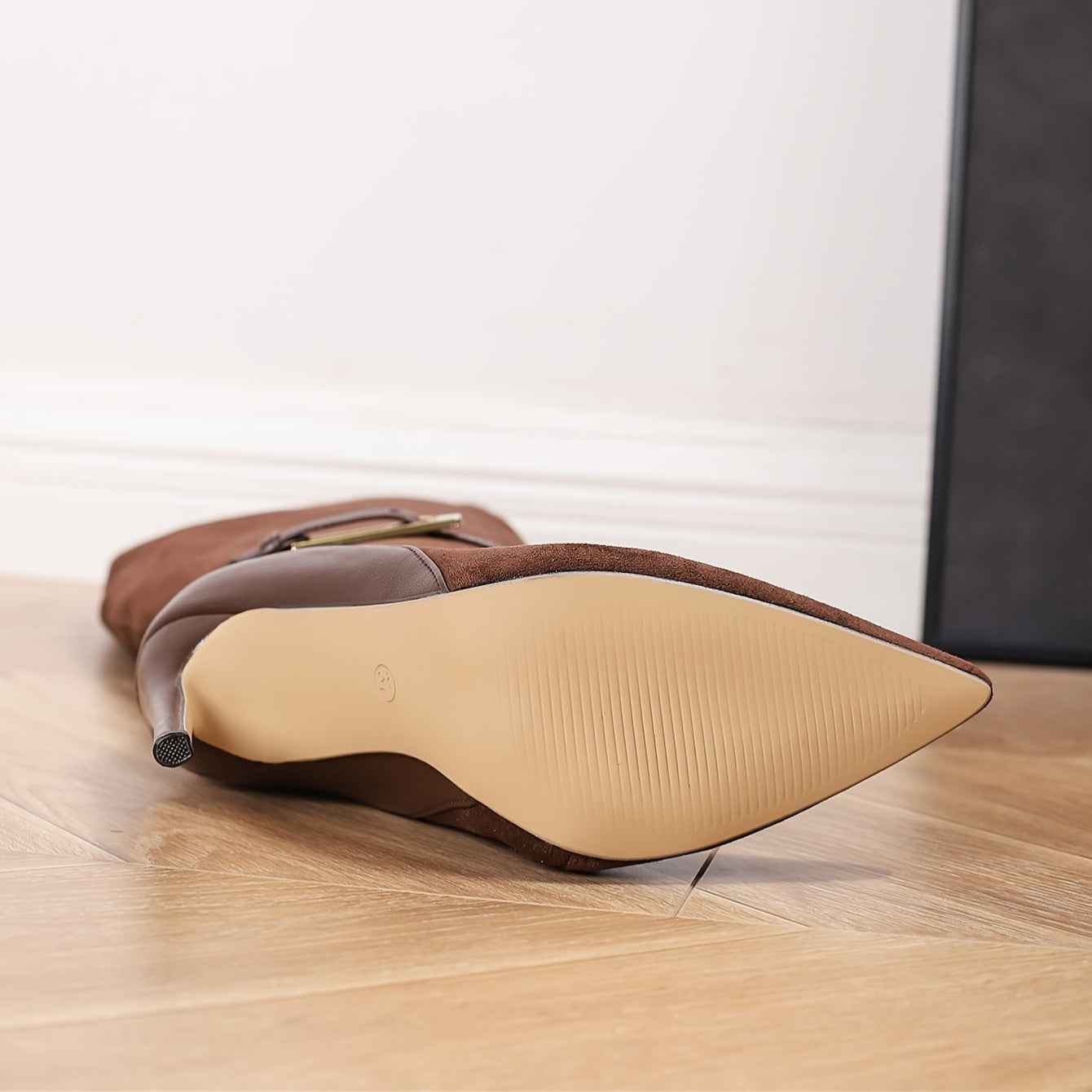 Faux Suede Brown Knee-High Stiletto Boots with Faux Leather Heel