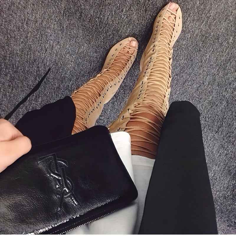 Faux Suede Thigh-High Lace-Up Boots – 12cm Stiletto