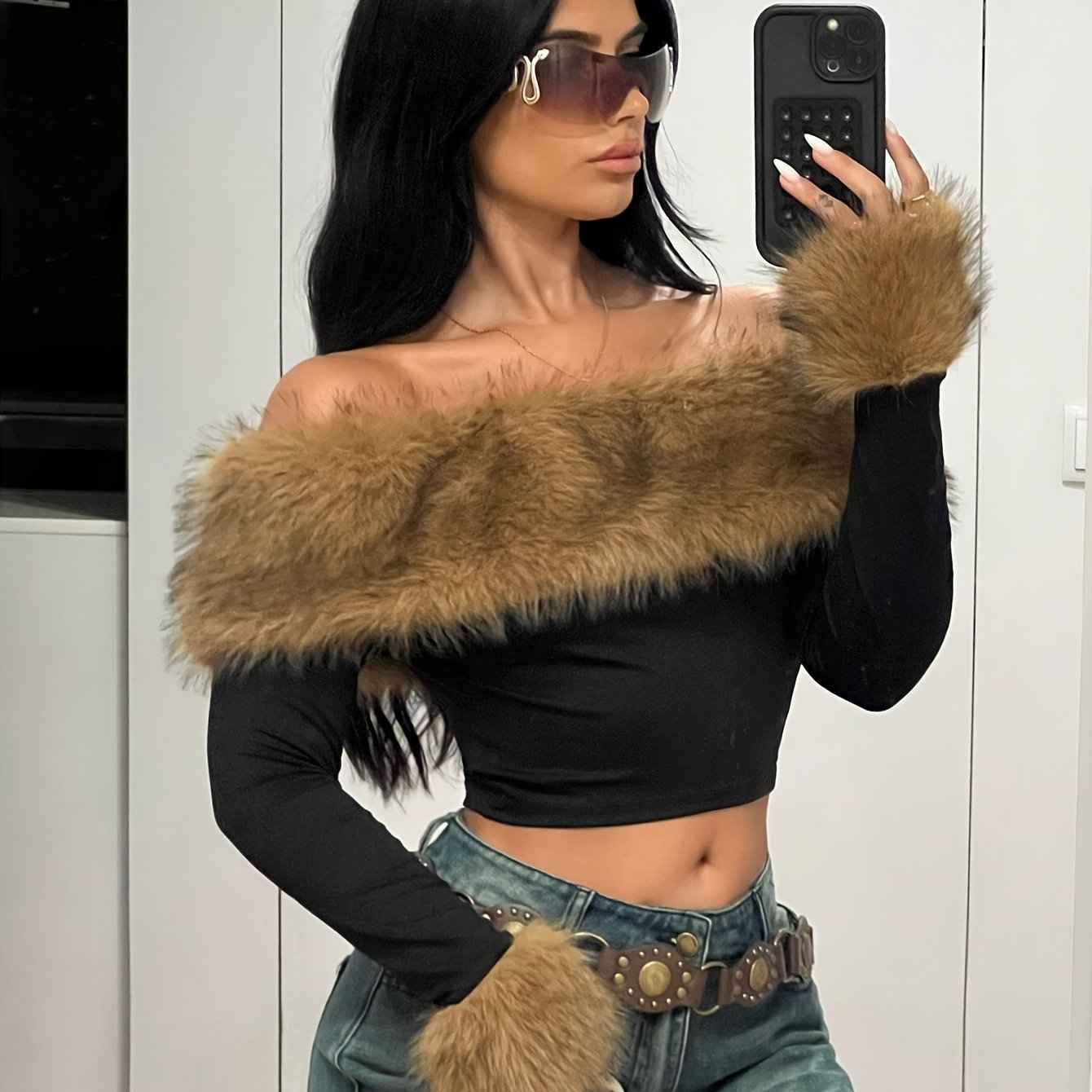 Cozy Off-Shoulder Long Sleeve Faux Fur Collar Top