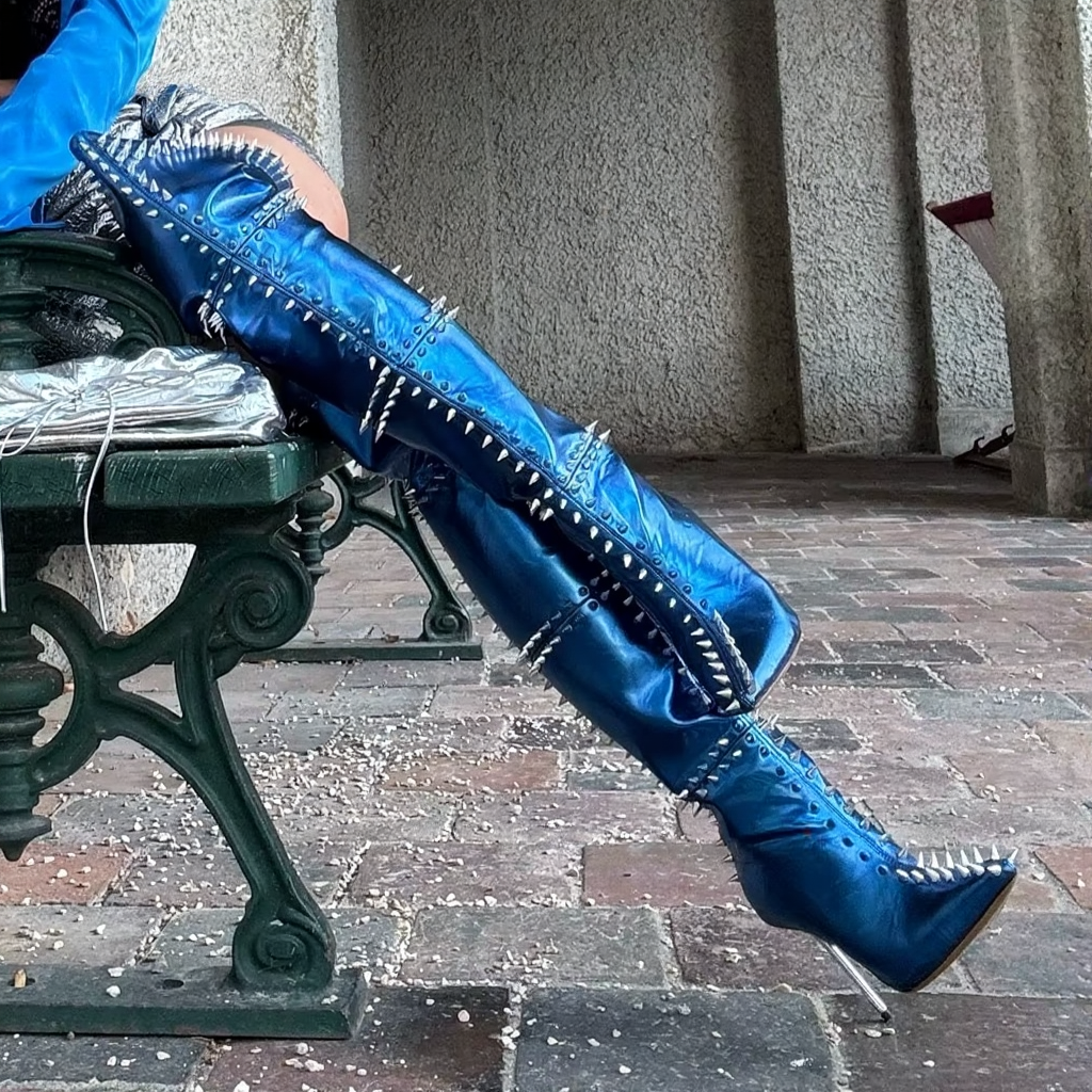 Glossy Patent Leather Rivet Thigh-High Stiletto Boots