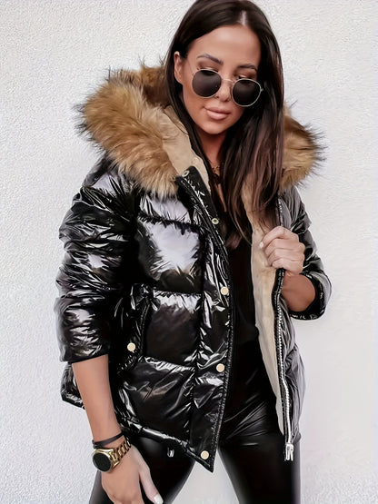 Zip-up Puffy  Fuzzy Trim Hoodie Coat - Your Shiny Clothes