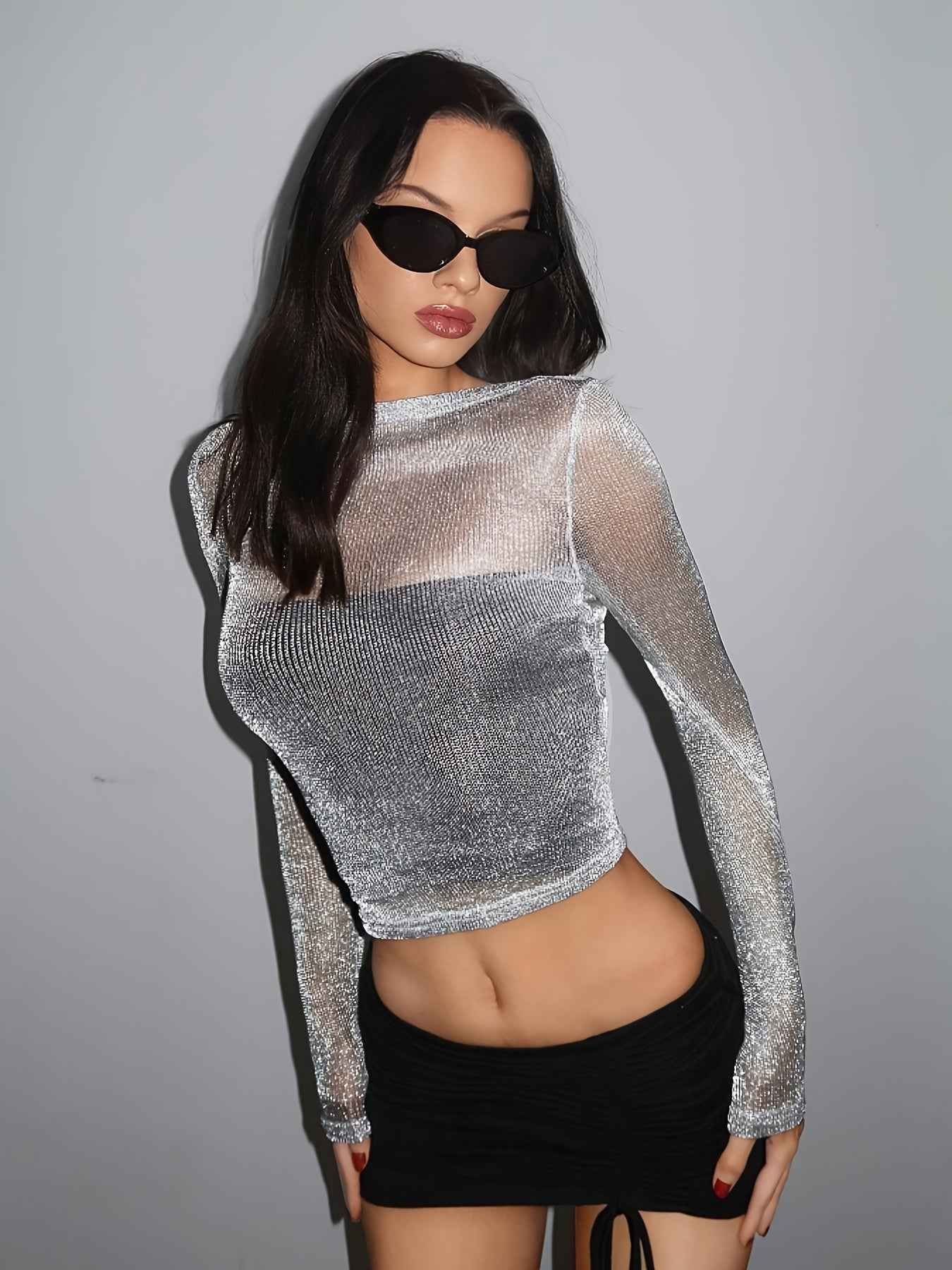 High Elasticity Semi-Sheer Long Sleeve Top