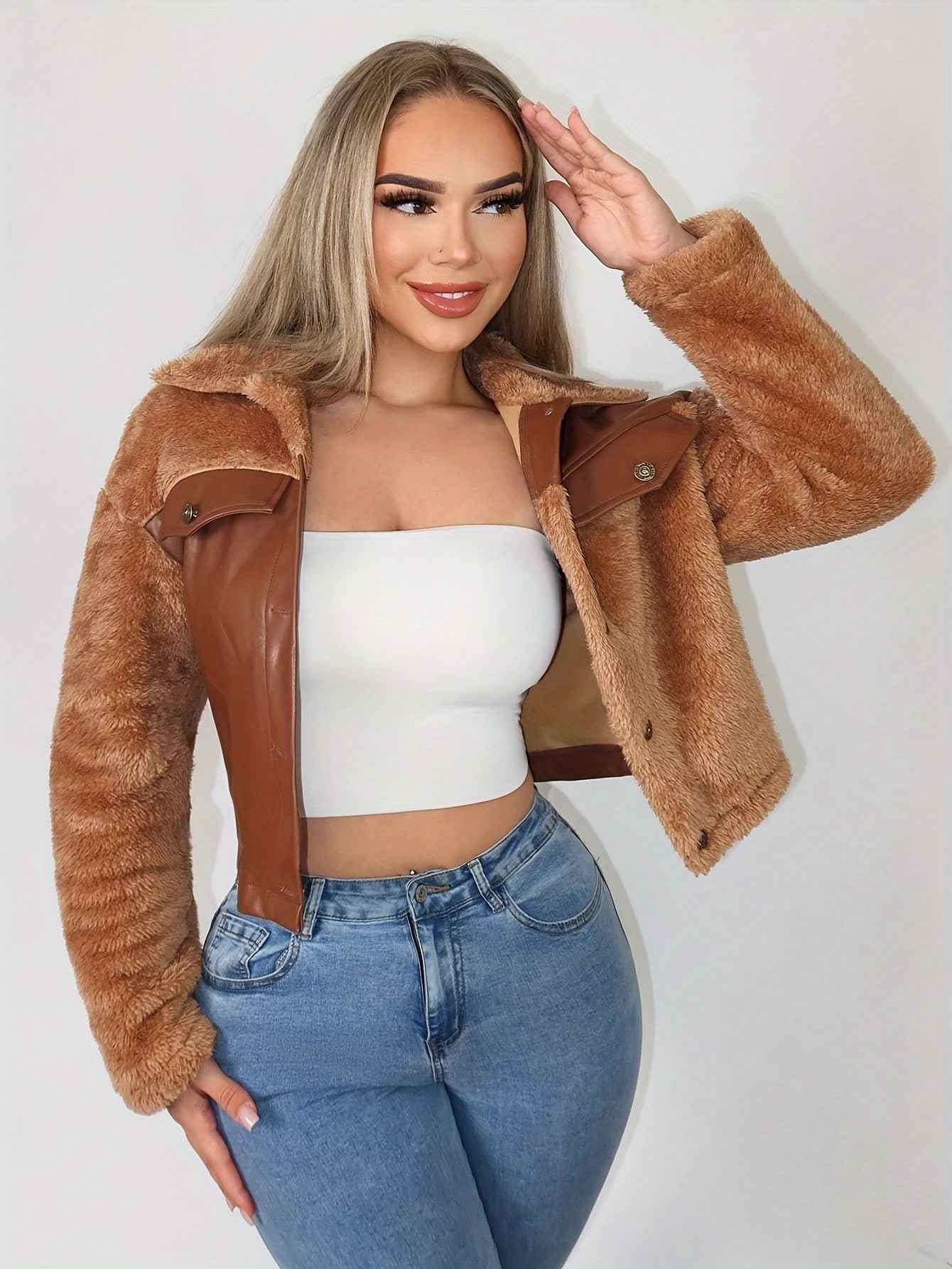 Cropped Faux Leather & Teddy Jacket with Button Front