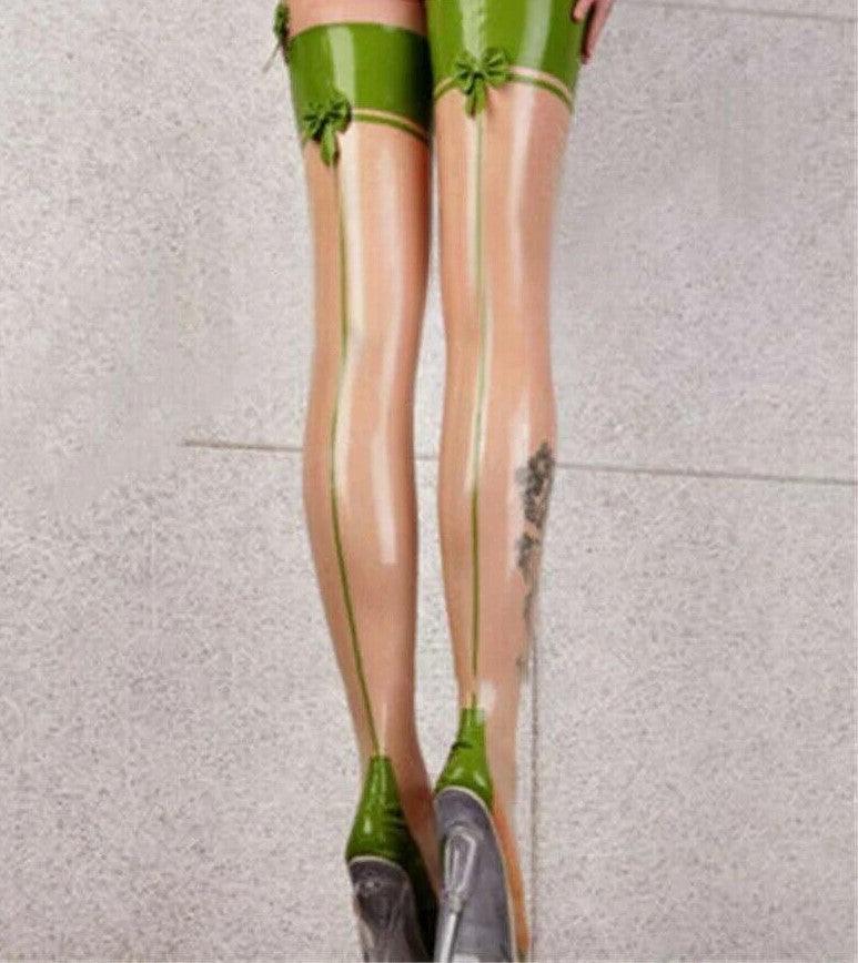 Transparent Latex Thigh High Stockings With Green Trim - Your Shiny Clothes
