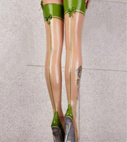 Transparent Latex Thigh High Stockings With Green Trim - Your Shiny Clothes