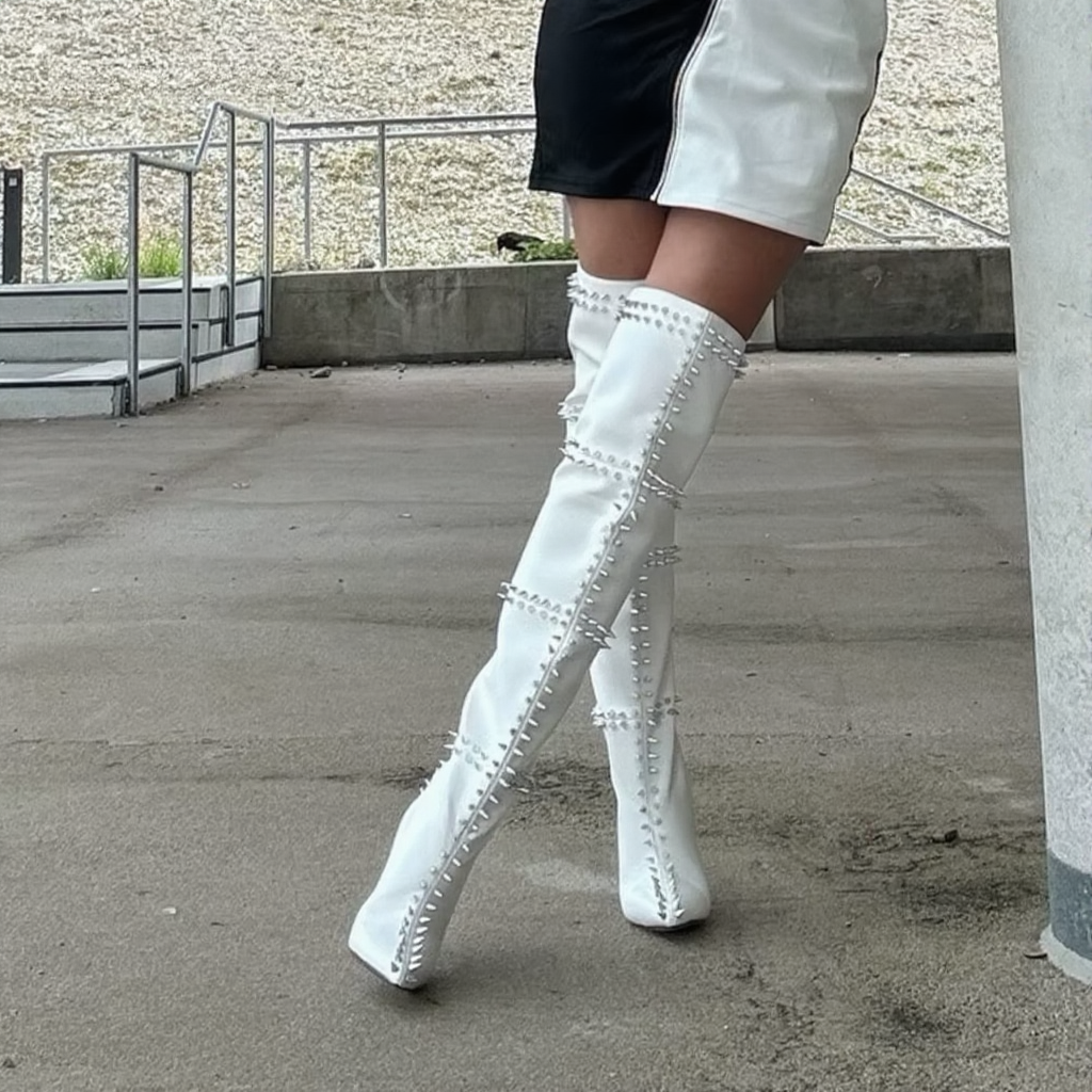 Glossy Patent Leather Rivet Thigh-High Stiletto Boots