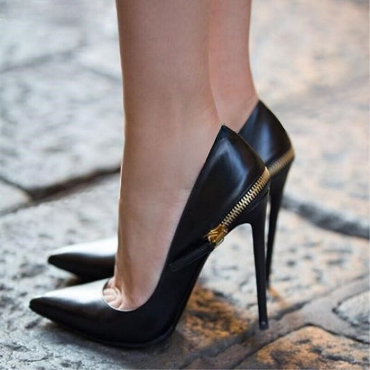 Black Faux Leather High Heel Pumps With Zip Detail