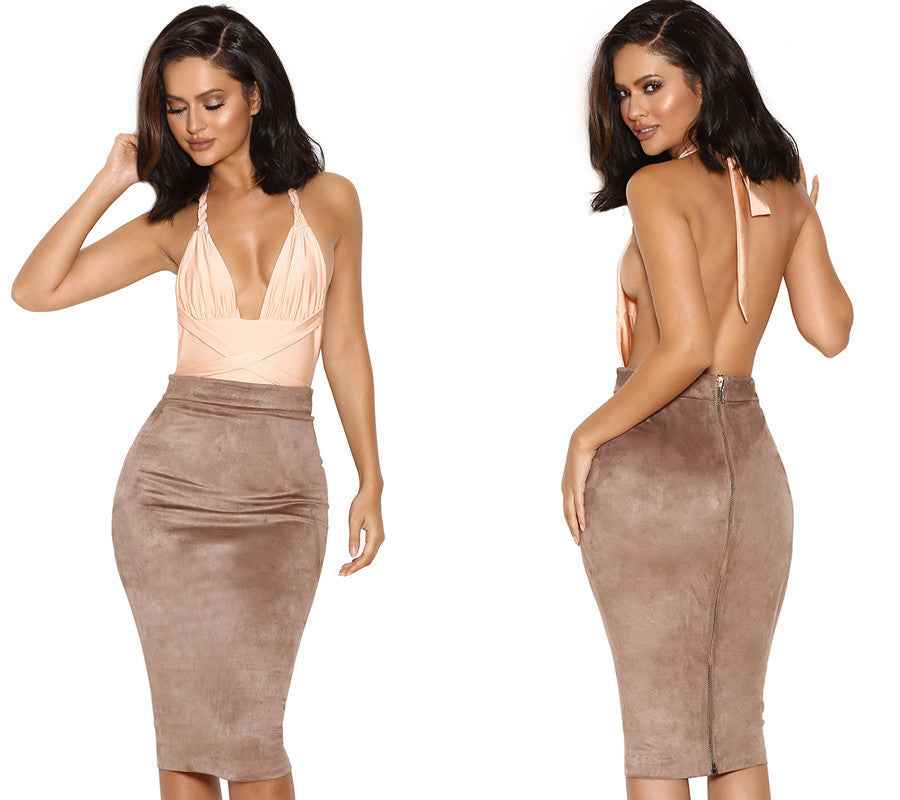 Faux Suede Mid-Length Pencil Skirt