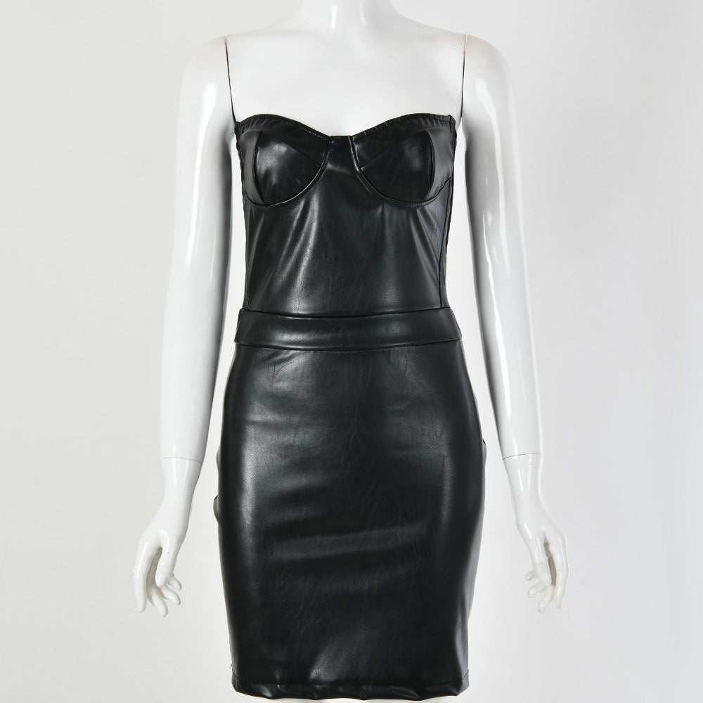 Faux Leather Strapless Corset Dress