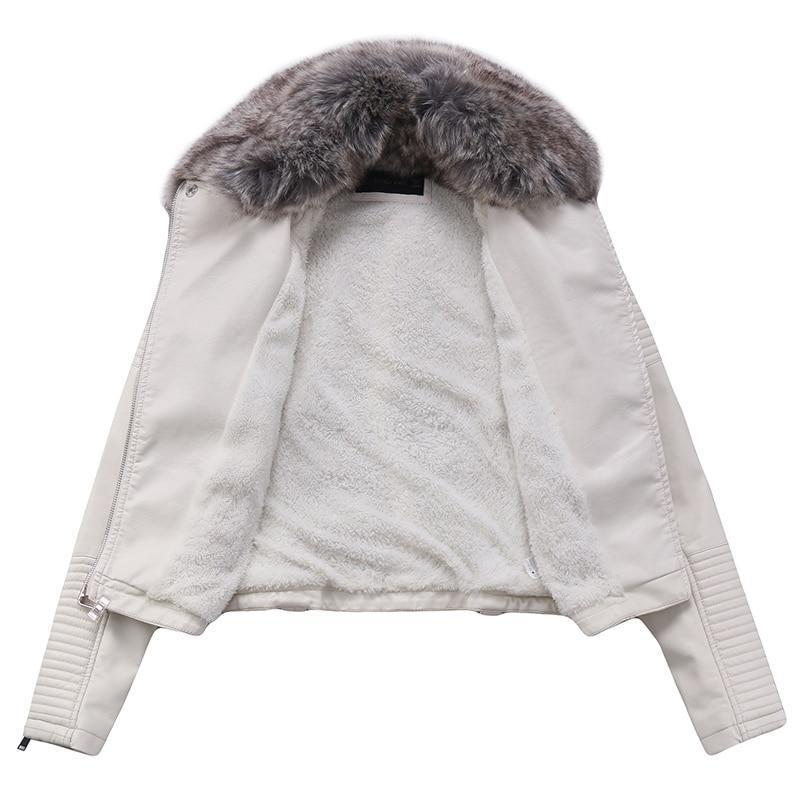 Faux Leather Belted Jacket with Detachable Faux Fur Collar