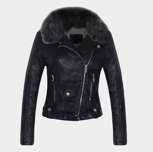 Faux Leather Belted Jacket with Detachable Faux Fur Collar