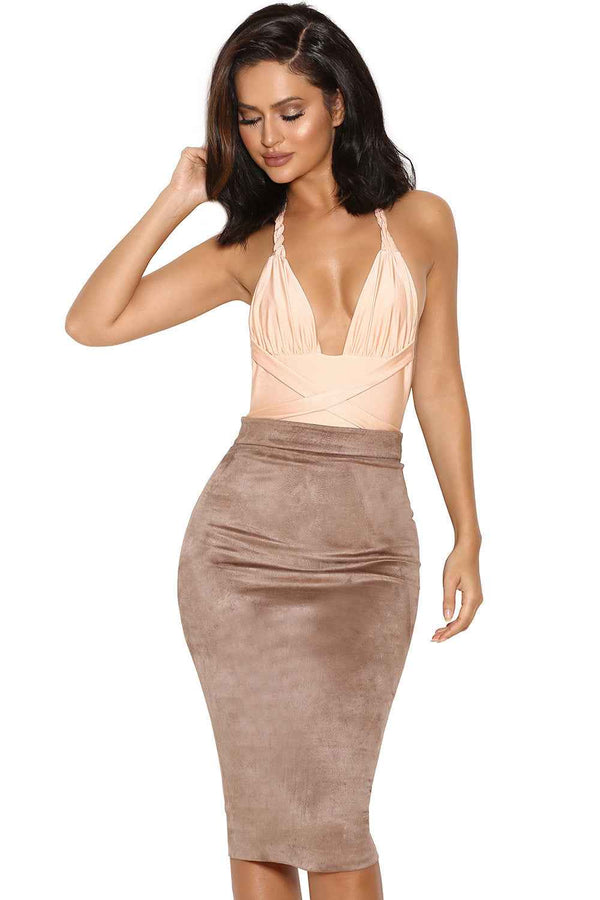 Faux Suede Mid-Length Pencil Skirt