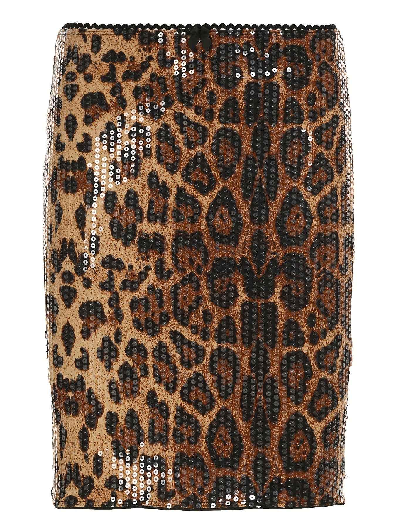 High-Waisted Knee-Length Leopard Print Sequin Bodycon Skirt