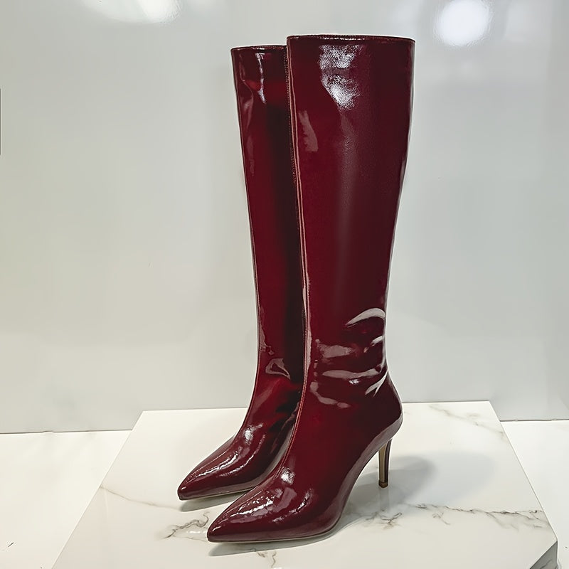 Burgundy Red Patent Leather Knee High Boots