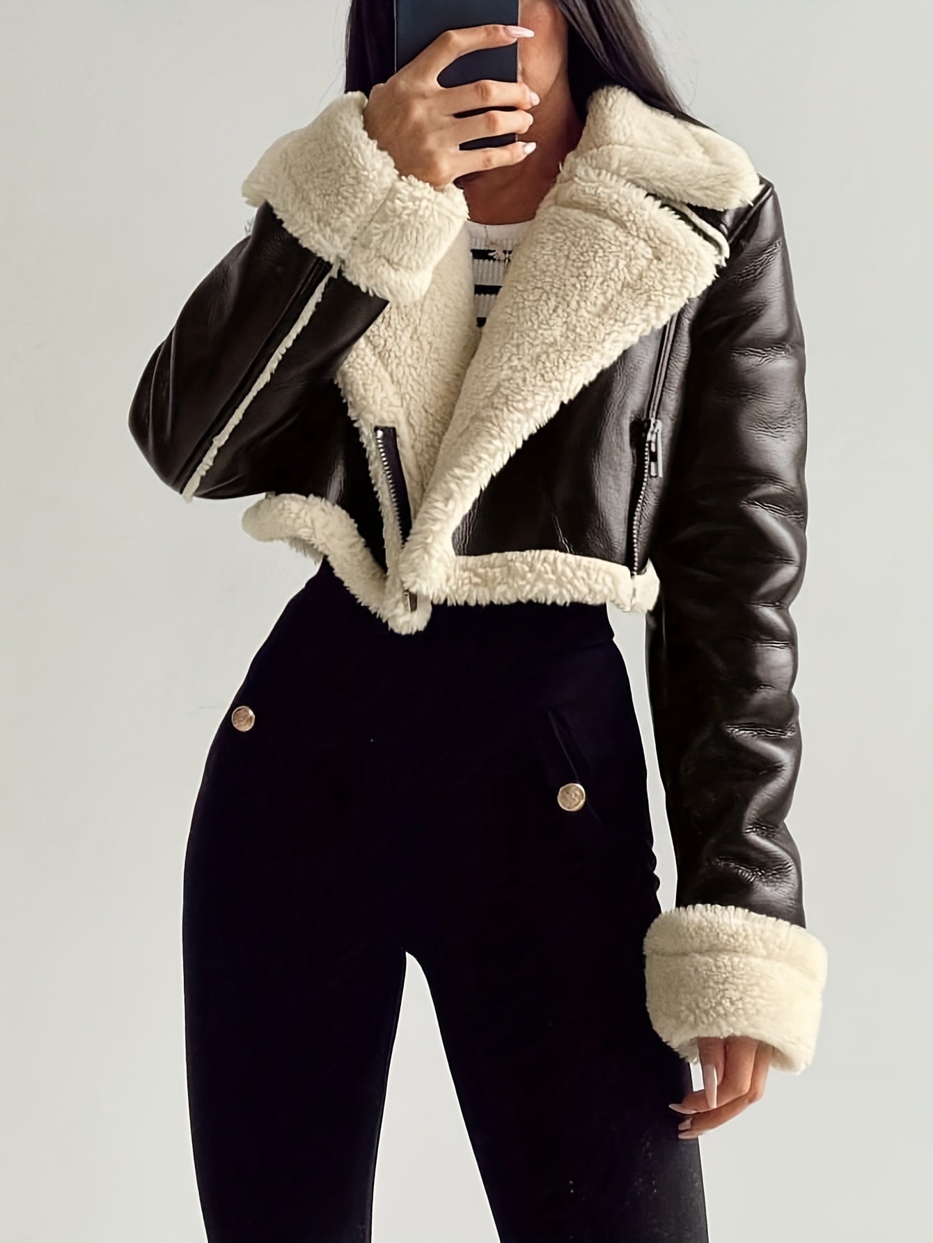 Teddy Lined Pleather Jacket with Turnover Sleeves