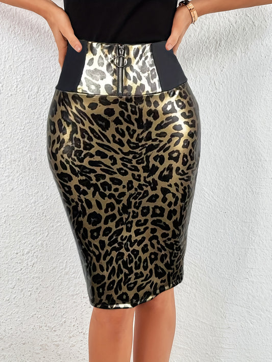 Elegant Leopard Print Faux Leather High-Waist Bodycon Skirt with Front Zip Detail