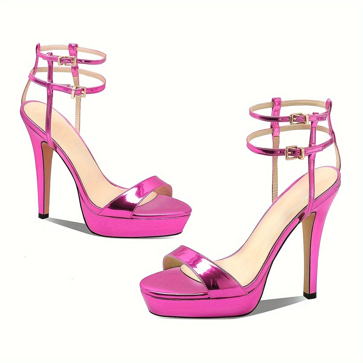 Shiny Dark Pink Open-Toe Stiletto Sandals with Ankle Strap