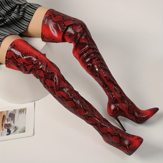 Snakeskin Print Over-the-Knee Boots with Side Zipper