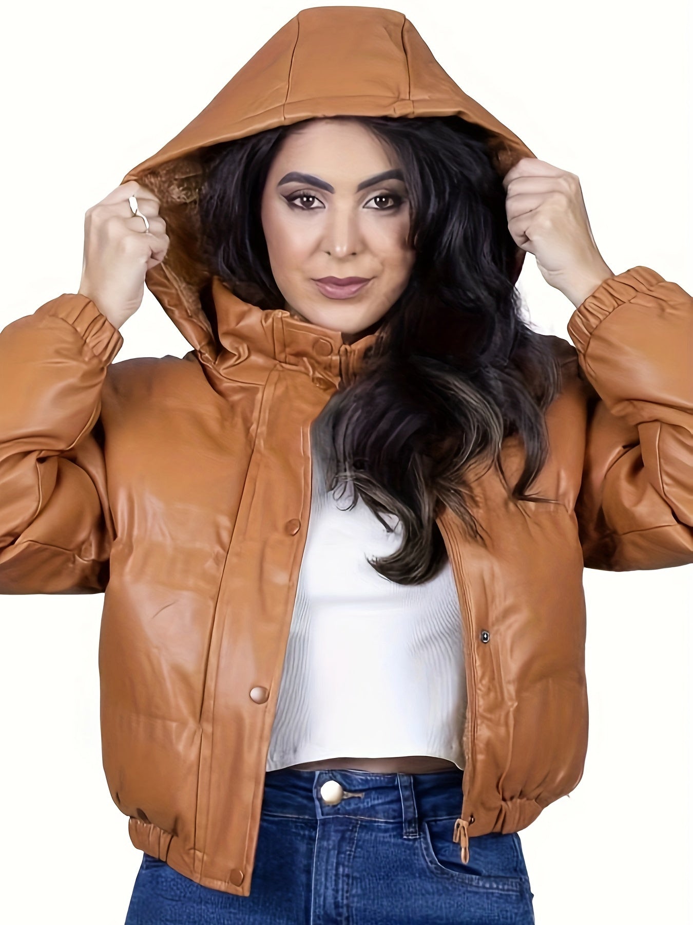 Solid Colour PU Leather Hooded Jacket