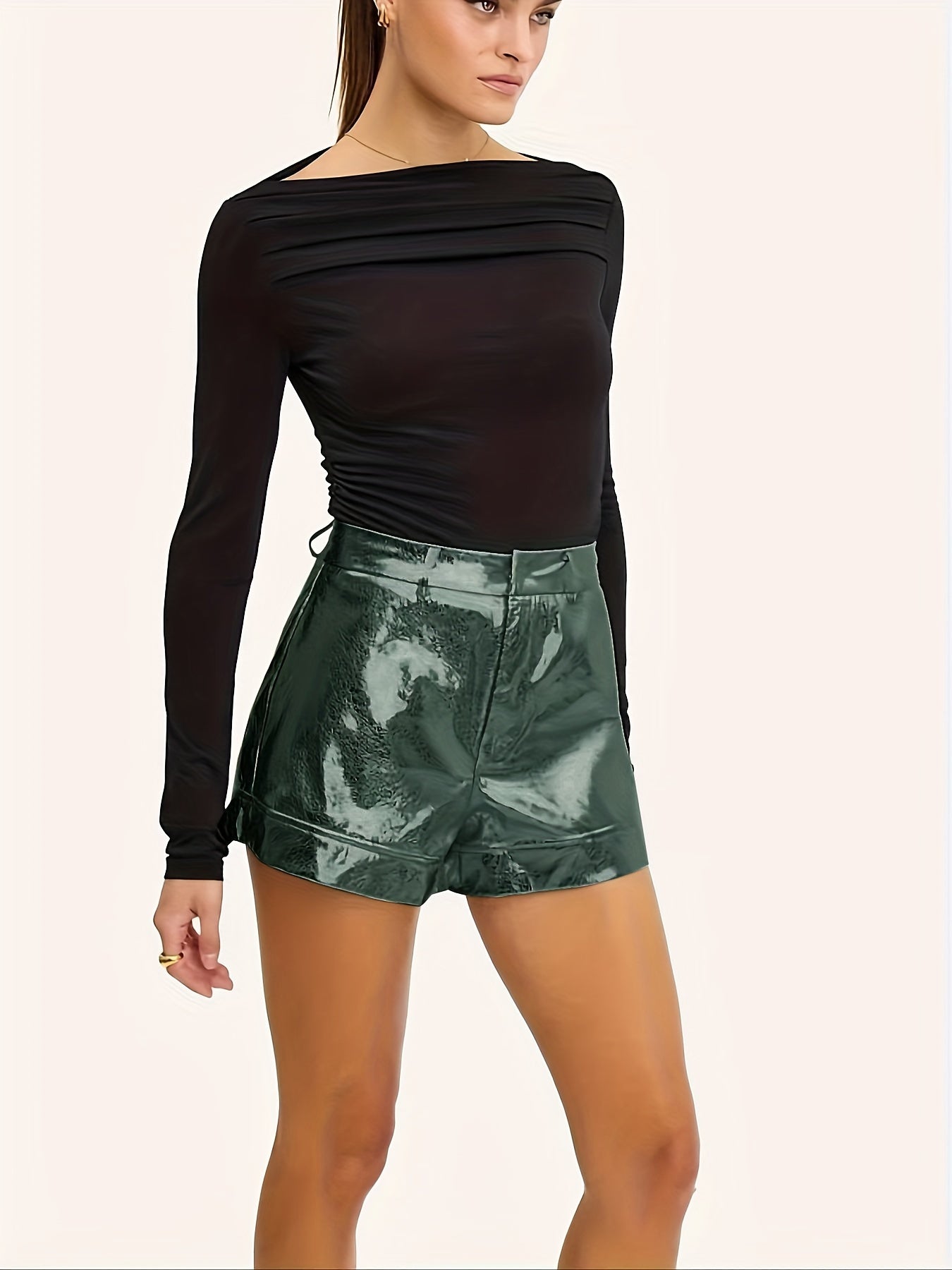 Metallic Colour PU Leather High Waist Shorts