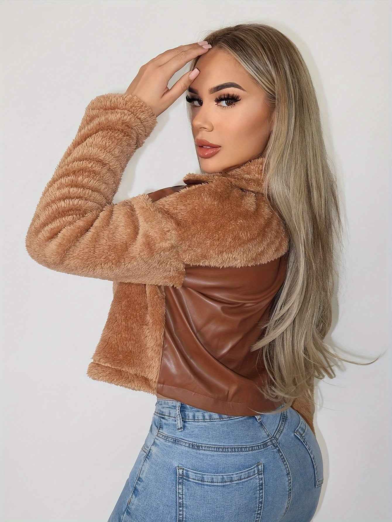 Cropped Faux Leather & Teddy Jacket with Button Front