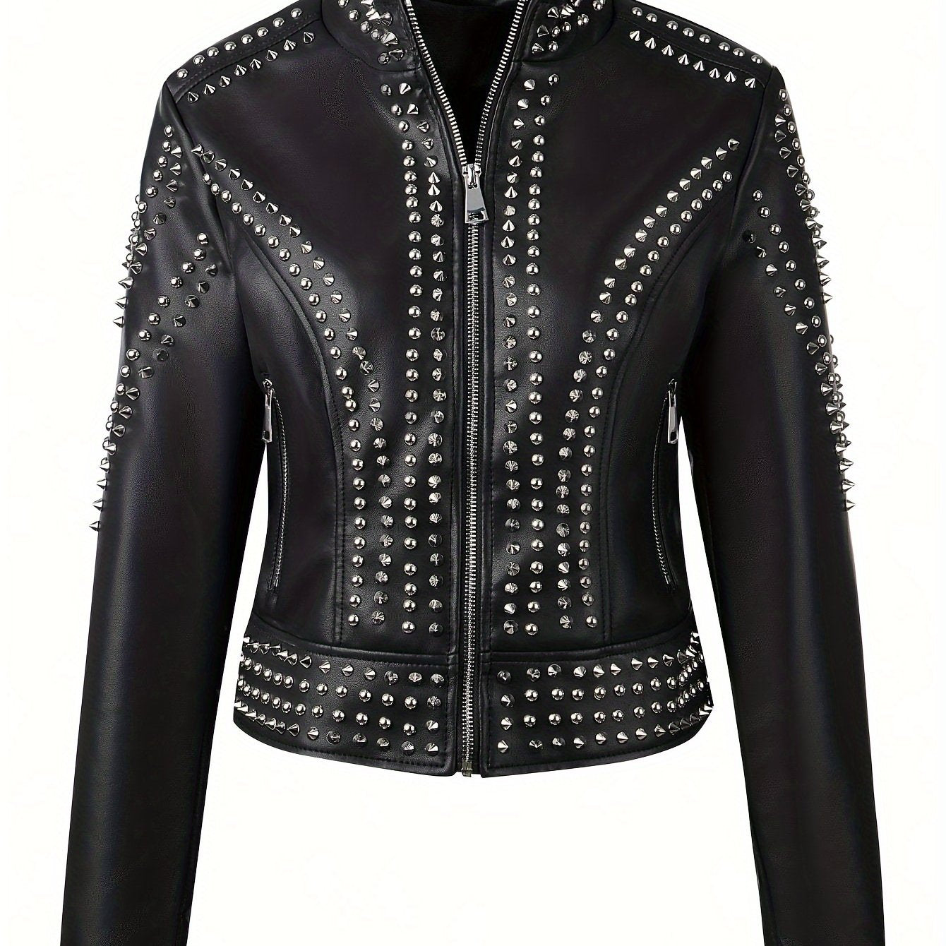 Faux Leather Rivet Decor Zipper Jacket