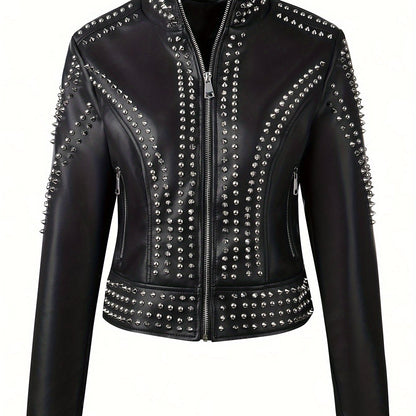 Faux Leather Rivet Decor Zipper Jacket - Your Shiny Clothes