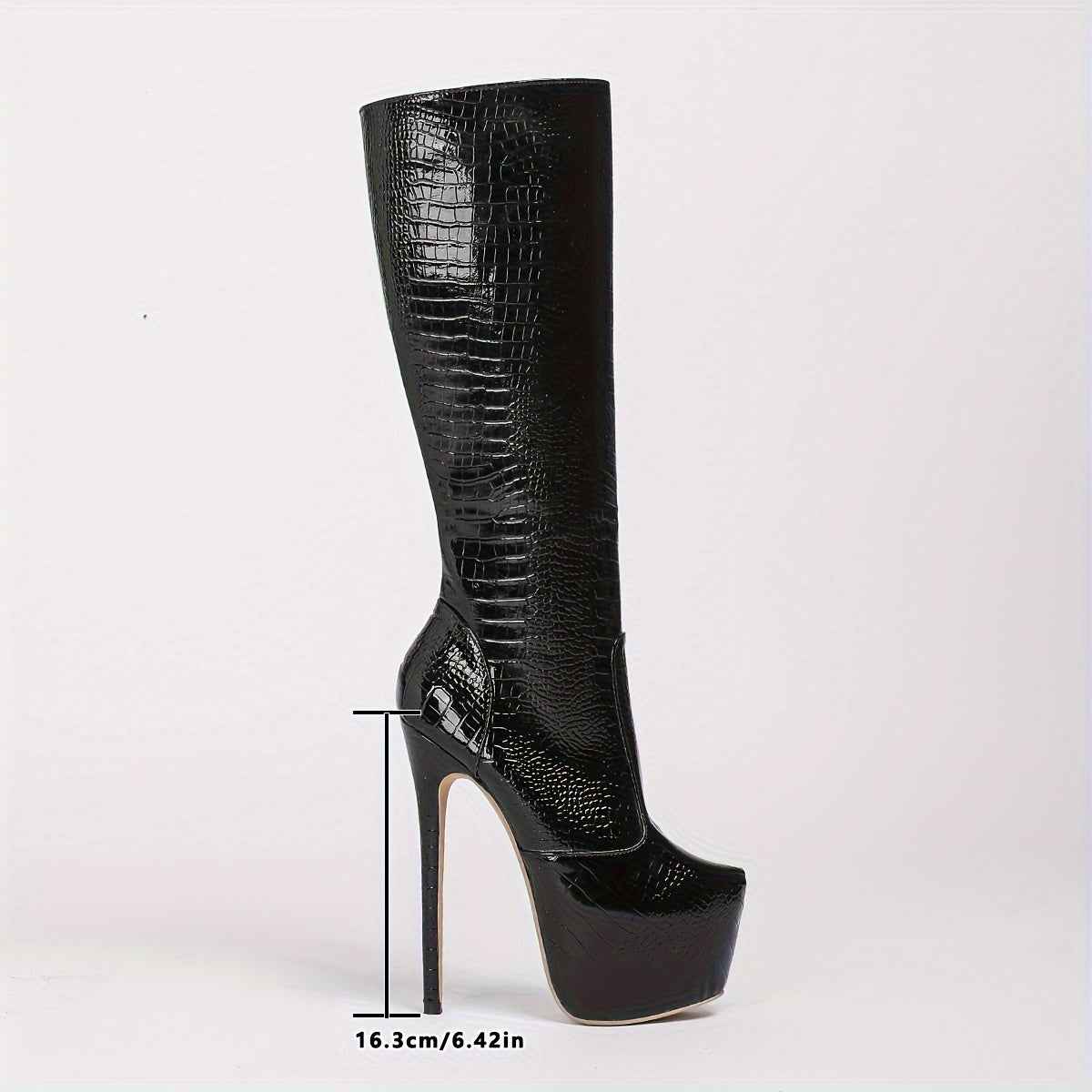 Patent Leather Crocodile-Embossed Long Boots – 17cm Stiletto Heel