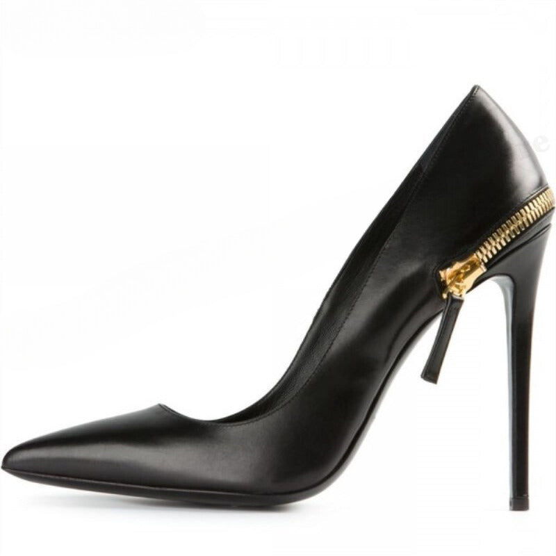 Black Faux Leather High Heel Pumps With Zip Detail - Your Shiny Clothes