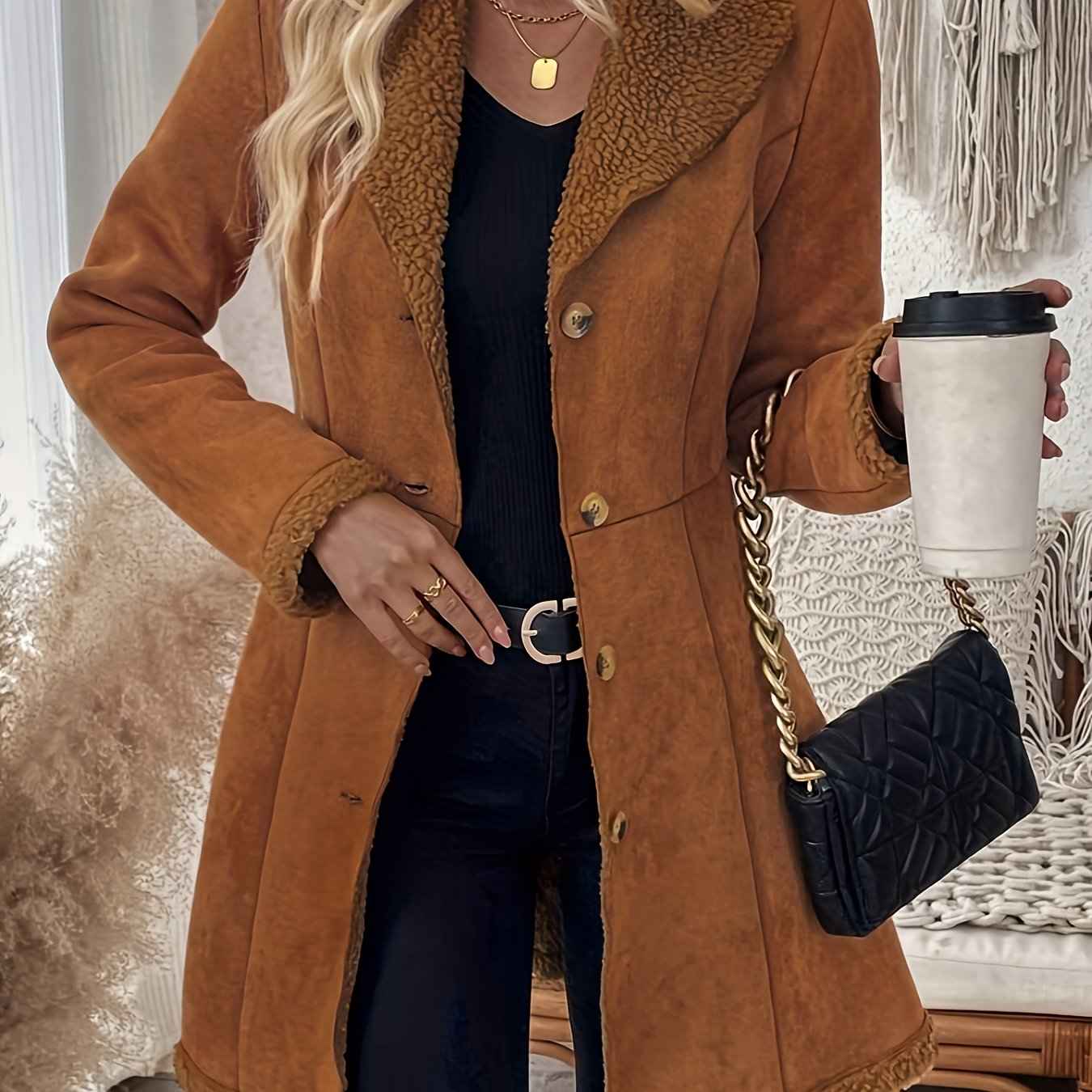 Vintage-Inspired Caramel Brown Double-Breasted Women's Faux Fur Coat