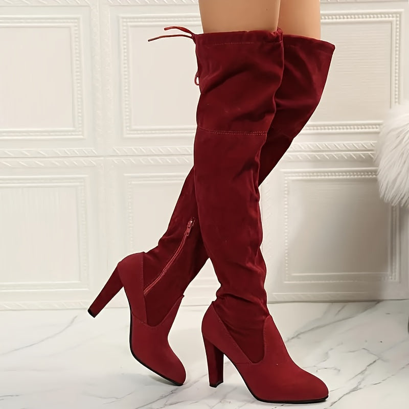 Block Heeled Faux Suede Over The Knee Boots