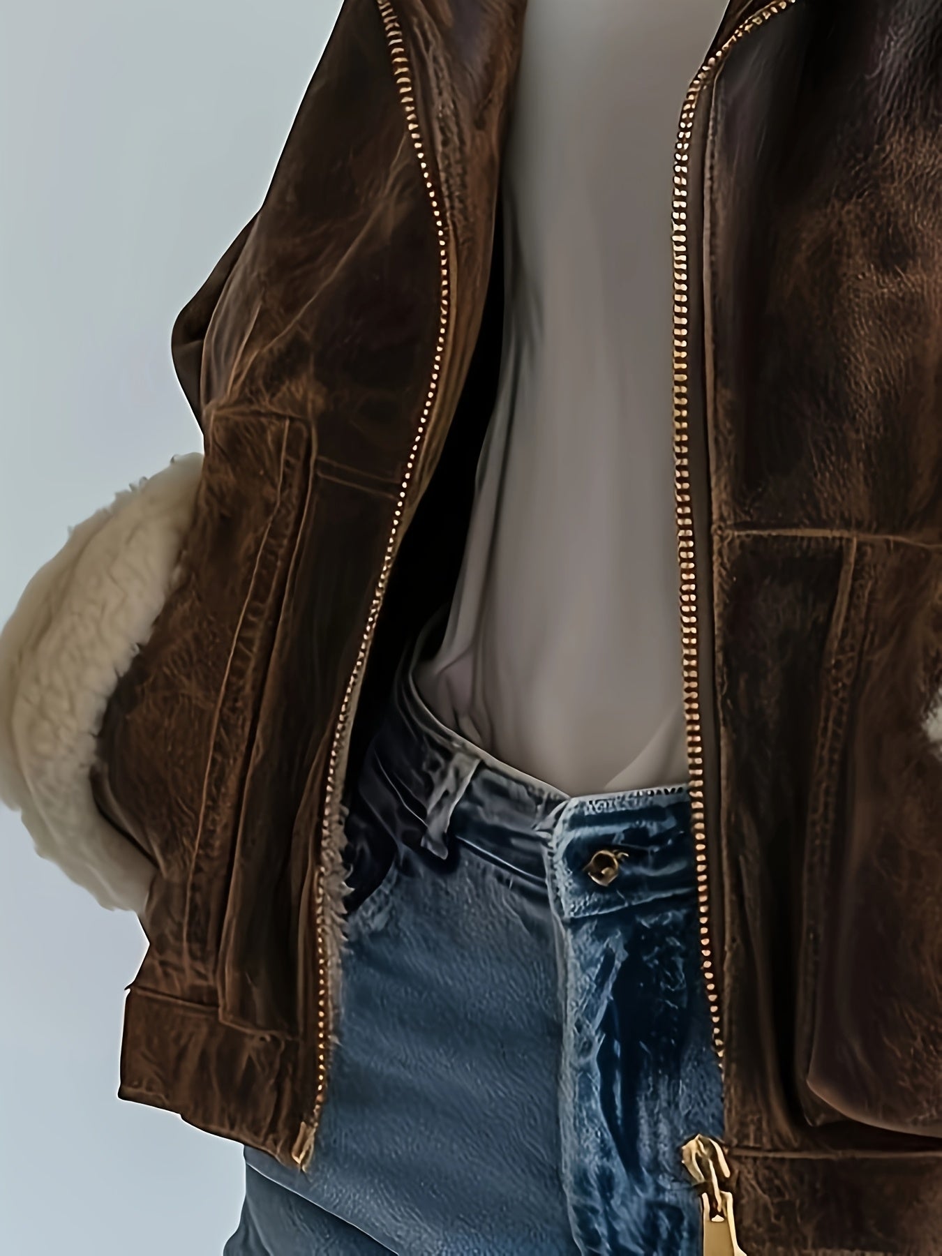 Brown Synthetic Leather Jacket with Faux Fur Lined Hood and Zippered Pockets