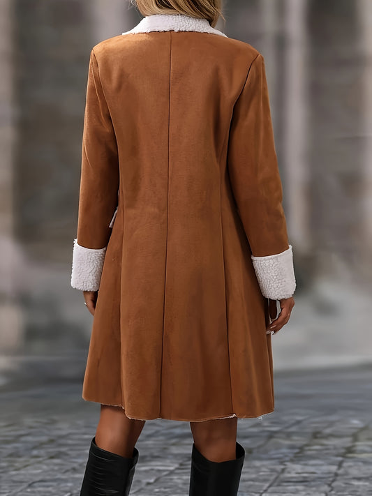 Long Faux Suede Double-Breasted Coat with White Fur Lining