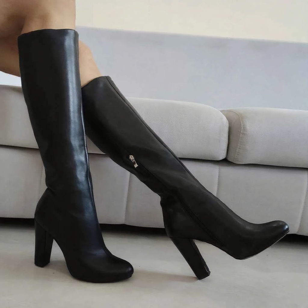 Faux Leather Knee-High Boots – Thick Heel & Zip Design
