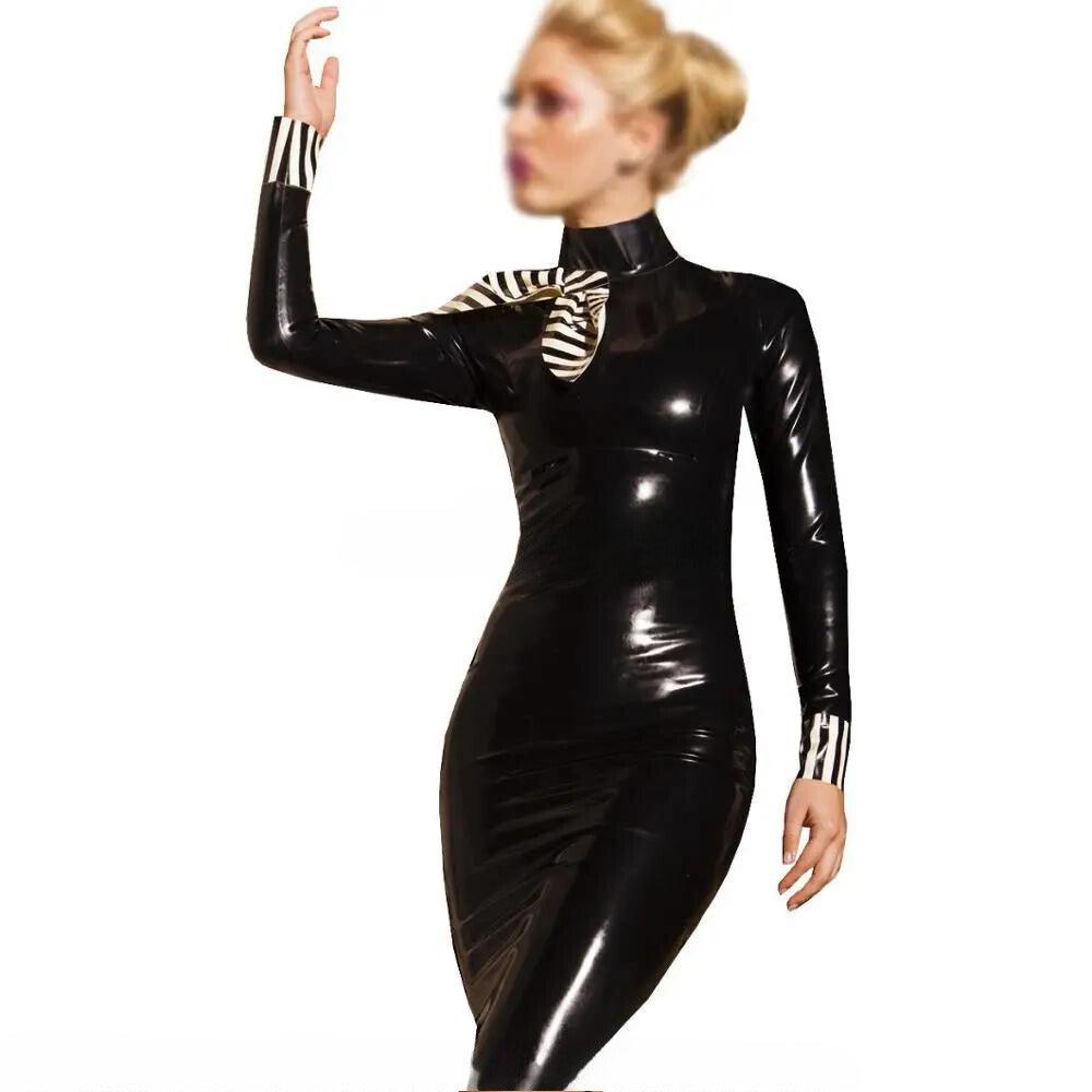 Black And White Latex Teacher Dress With Bow Striped Cuffs And Zipper At Back - Your Shiny Clothes