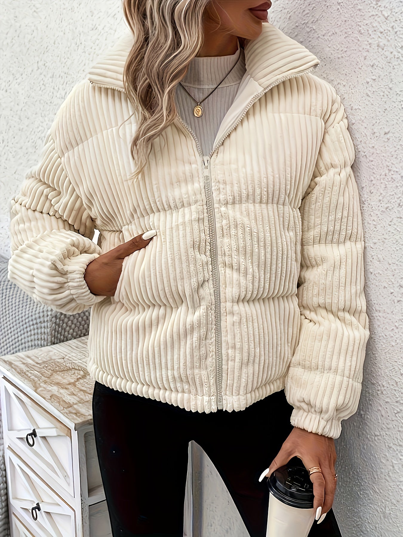 Zip-up Puffy Ribbed Coat