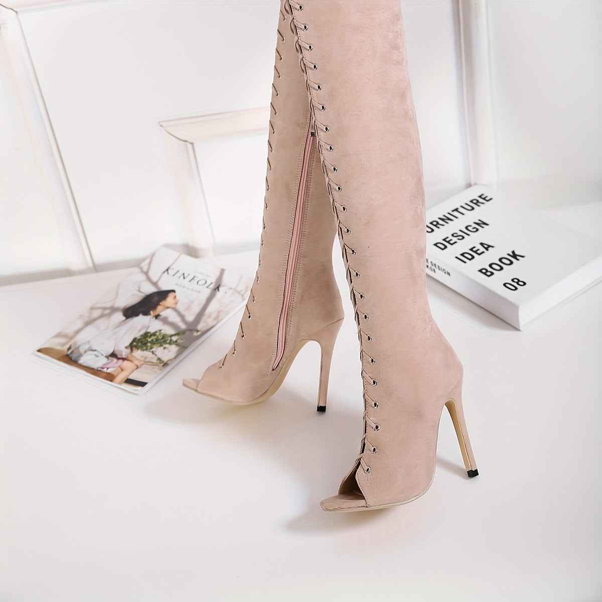 Faux Suede Thigh-High Lace-Up Boots – 12cm Stiletto