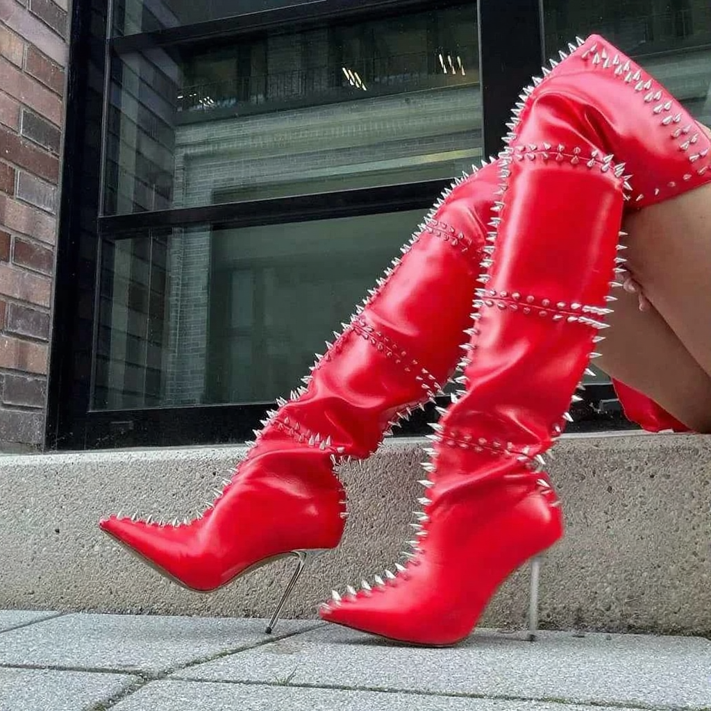 Glossy Patent Leather Rivet Thigh-High Stiletto Boots