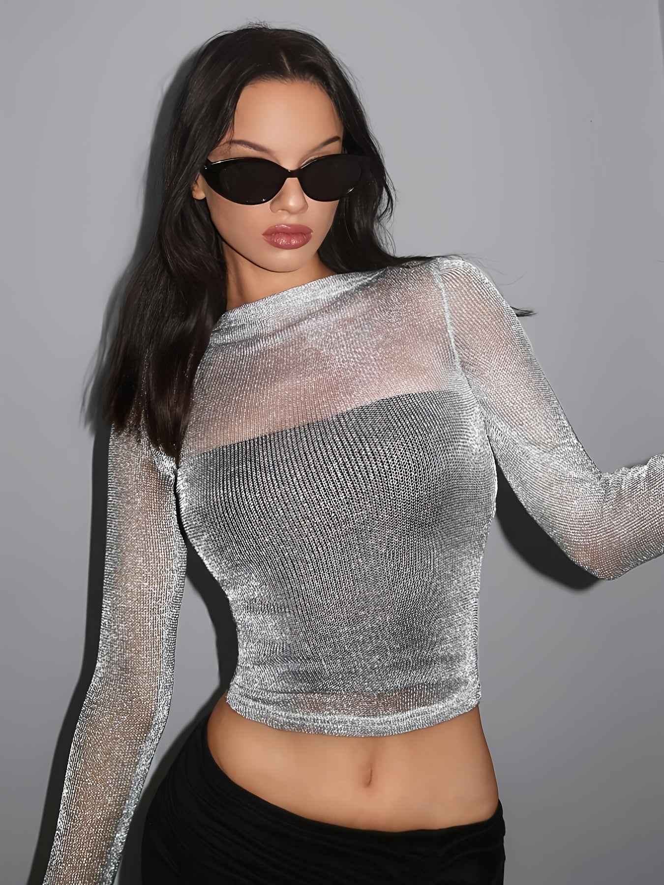 High Elasticity Semi-Sheer Long Sleeve Top