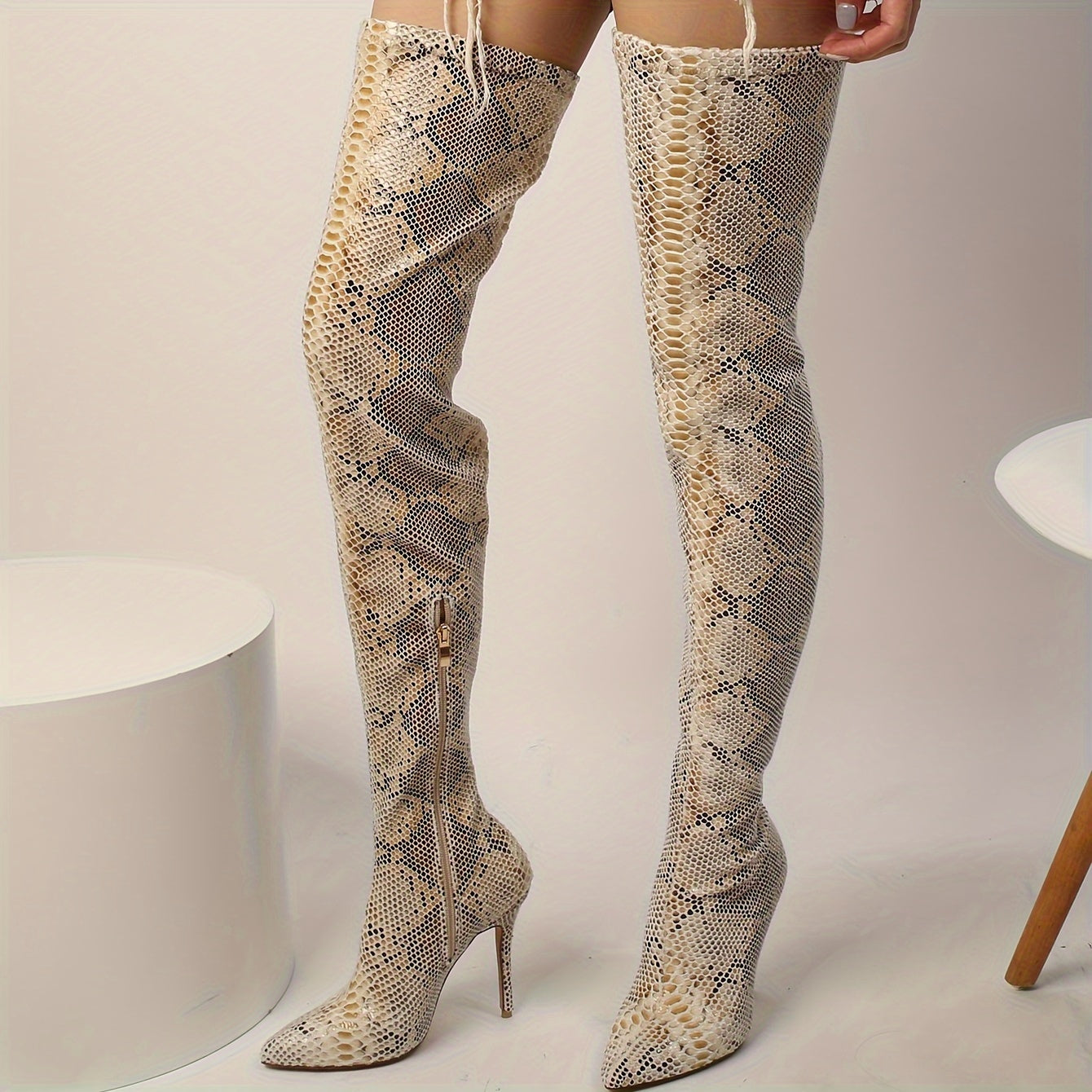 Snakeskin Print Over-the-Knee Boots with Side Zipper