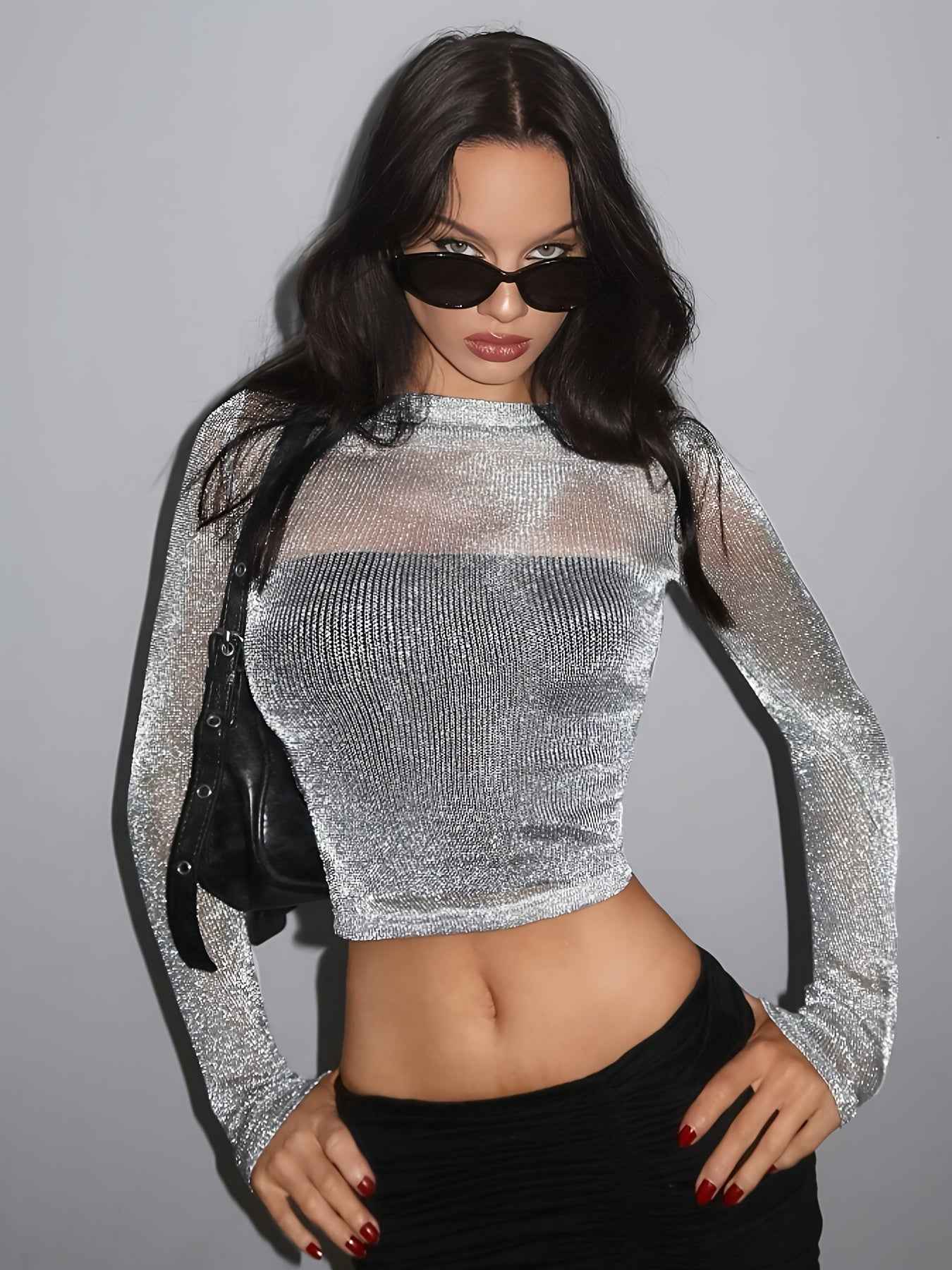 High Elasticity Semi-Sheer Long Sleeve Top