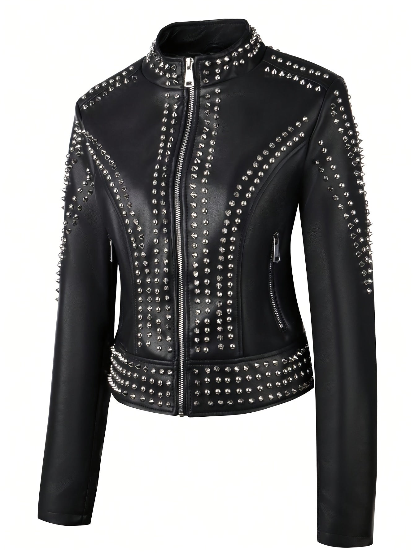 Faux Leather Rivet Decor Zipper Jacket