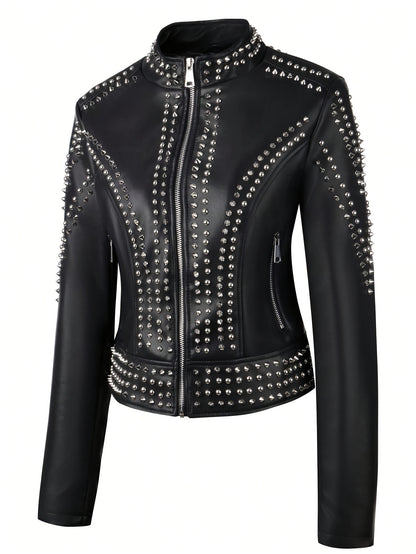 Faux Leather Rivet Decor Zipper Jacket - Your Shiny Clothes