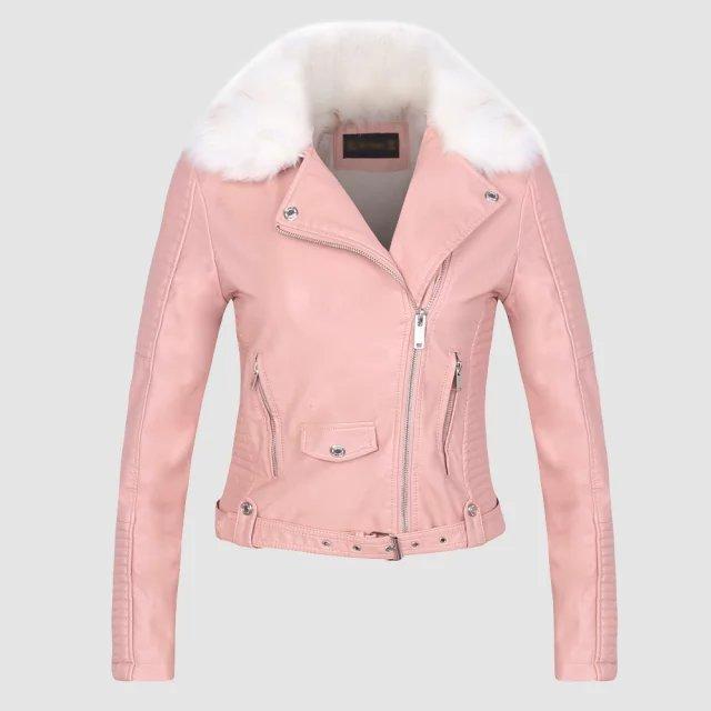 Faux Leather Belted Jacket with Detachable Faux Fur Collar