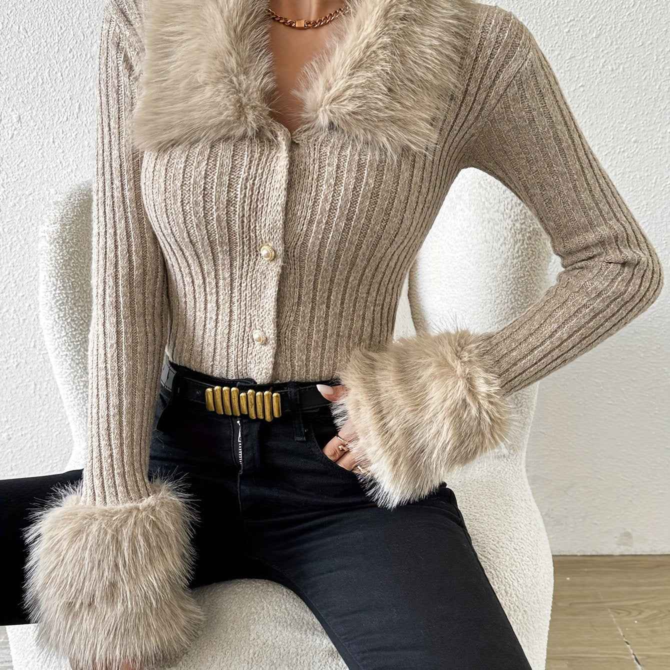 Faux Fur Laple Button Front Cardigan
