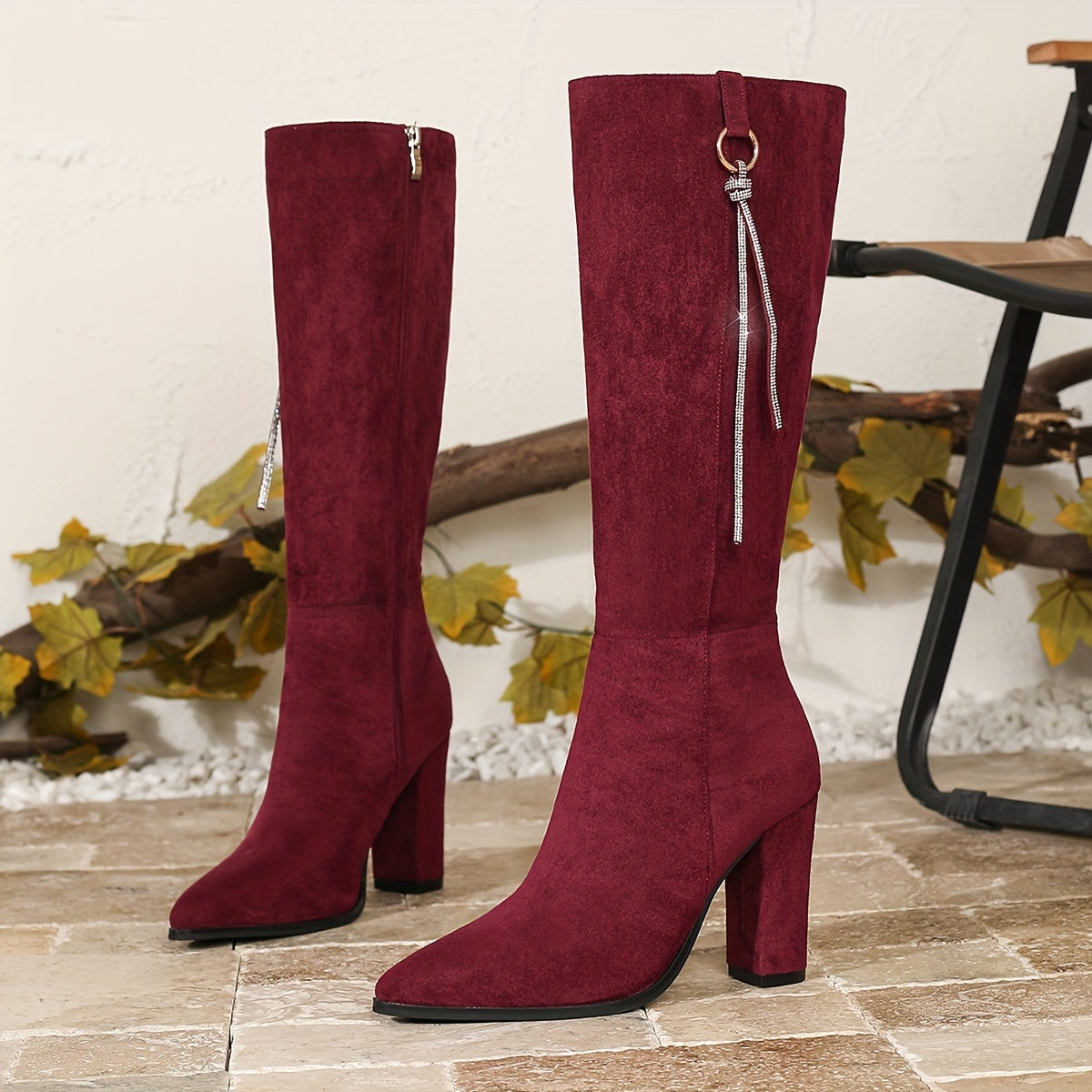 Glam Tassel – Rhinestone Burgundy Knee Boots