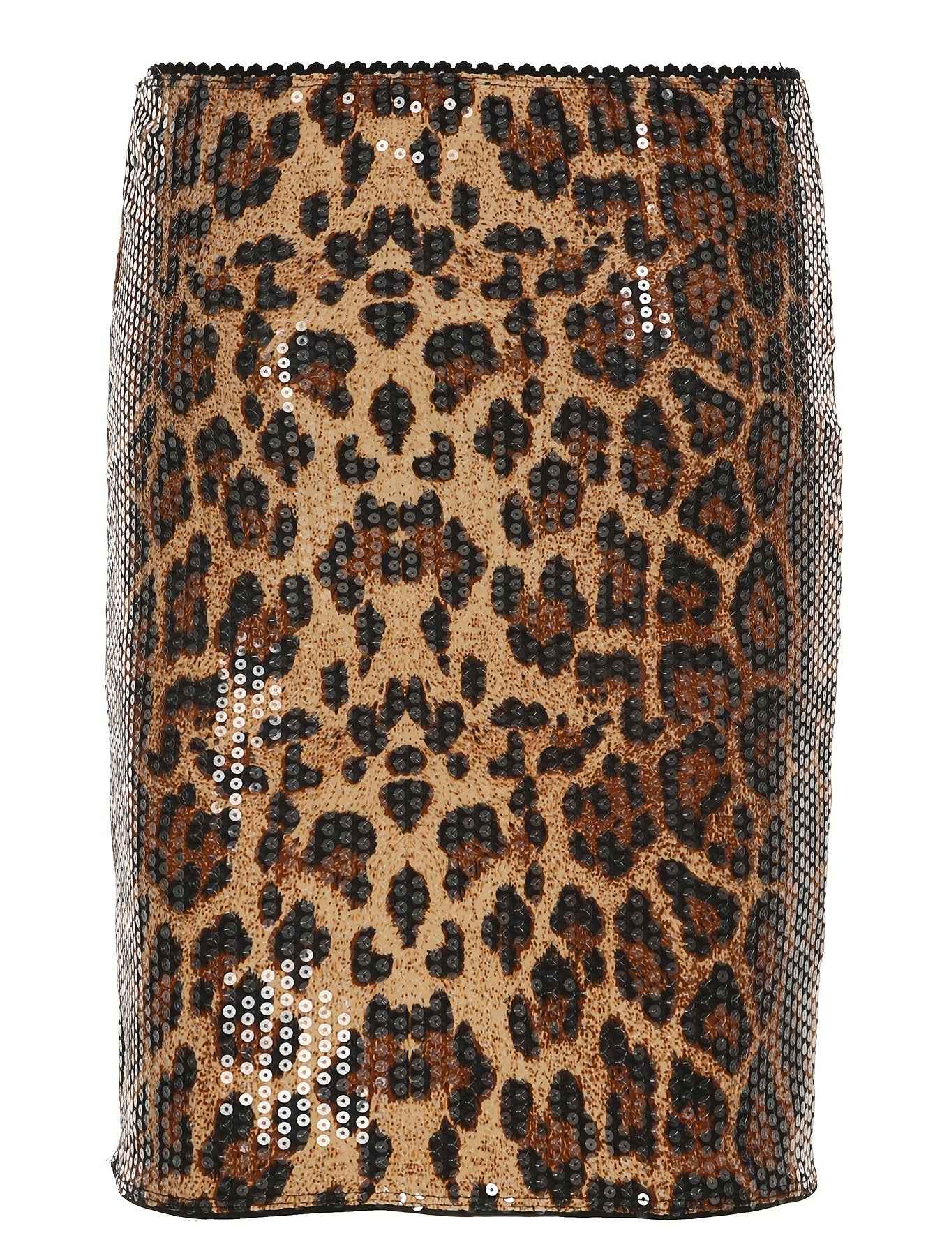 High-Waisted Knee-Length Leopard Print Sequin Bodycon Skirt