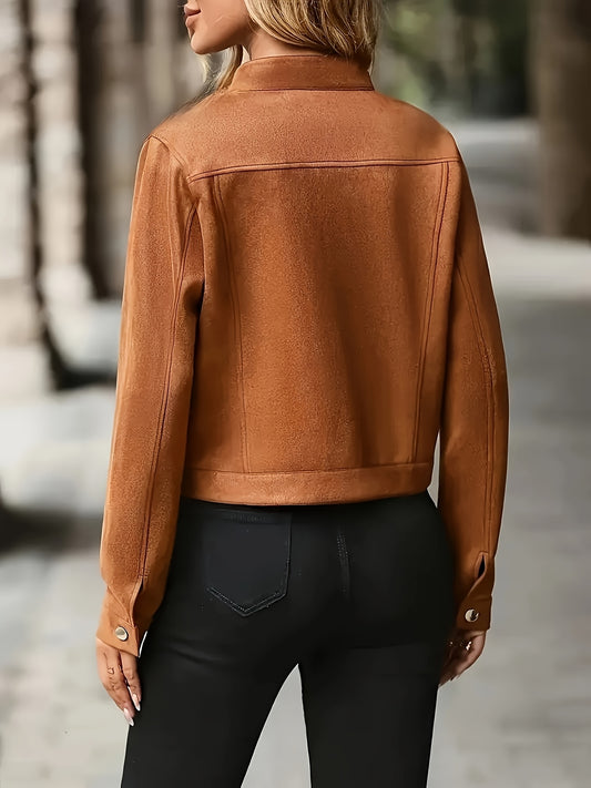 Casual Chic Brown Faux Suede Long Sleeve Stand Collar Jacket