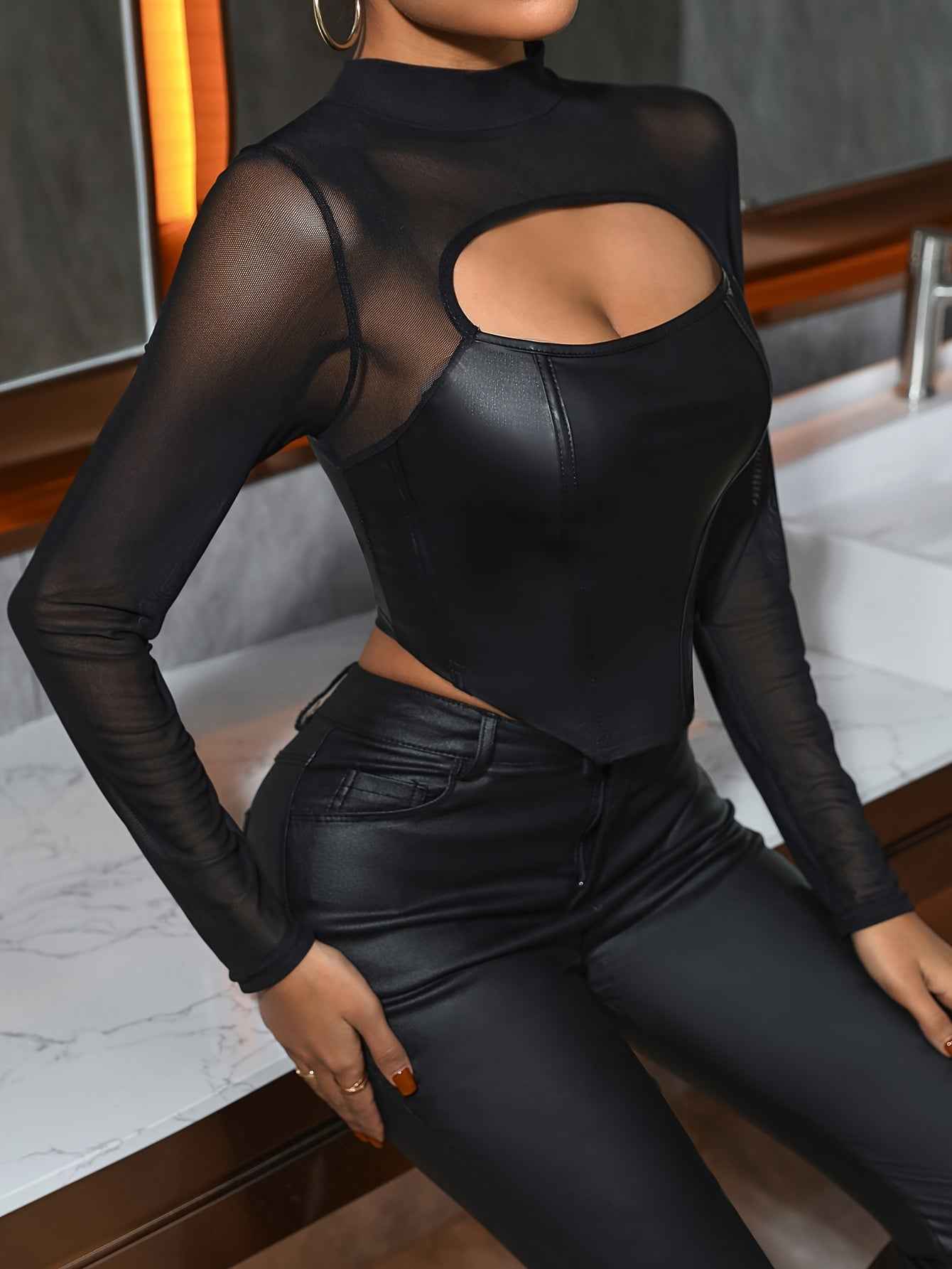 Faux Leather Corset-Style Top with Sheer Contrast Panels